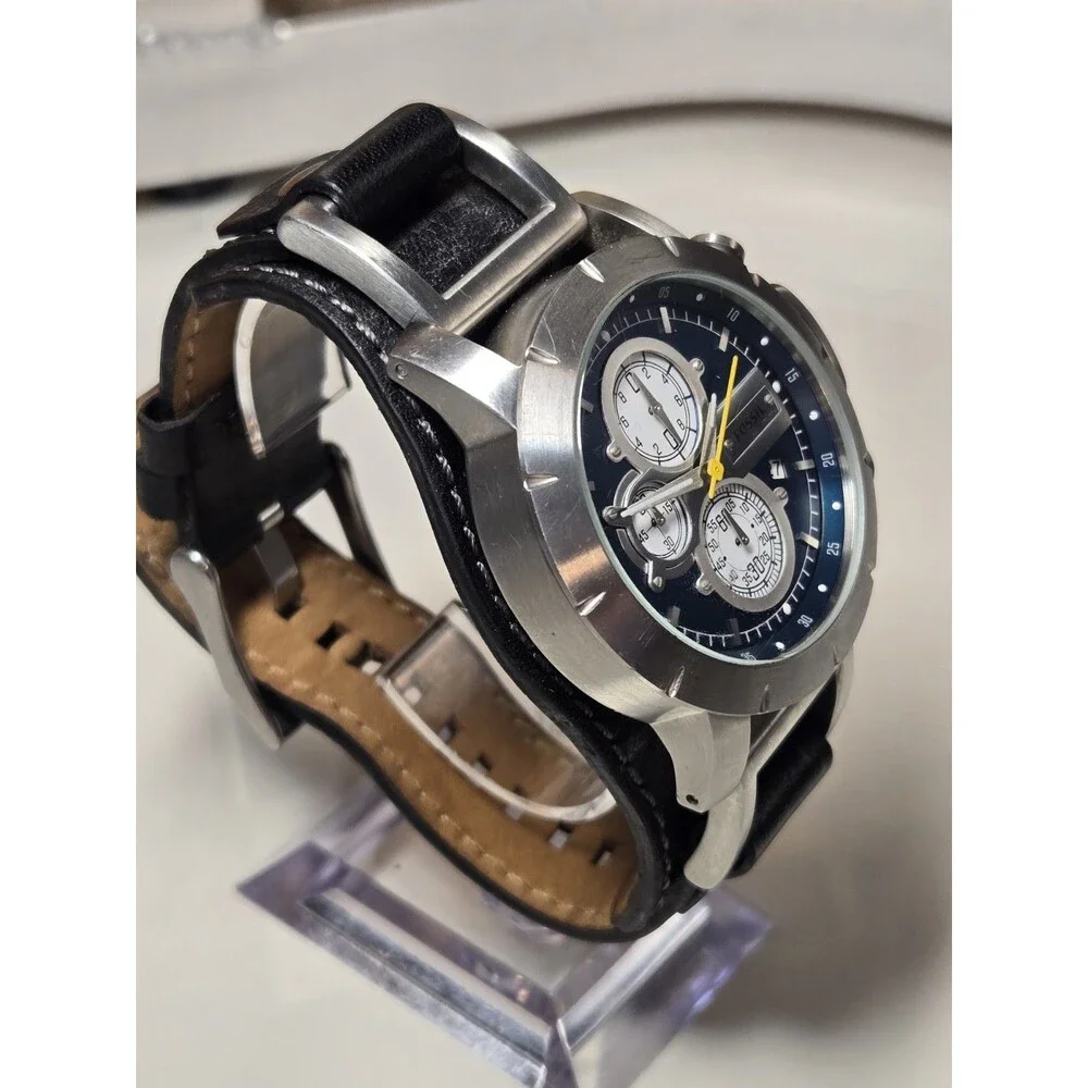 Fossil Blue Dial Chronograph Watch with Black Strap and Yellow Accents